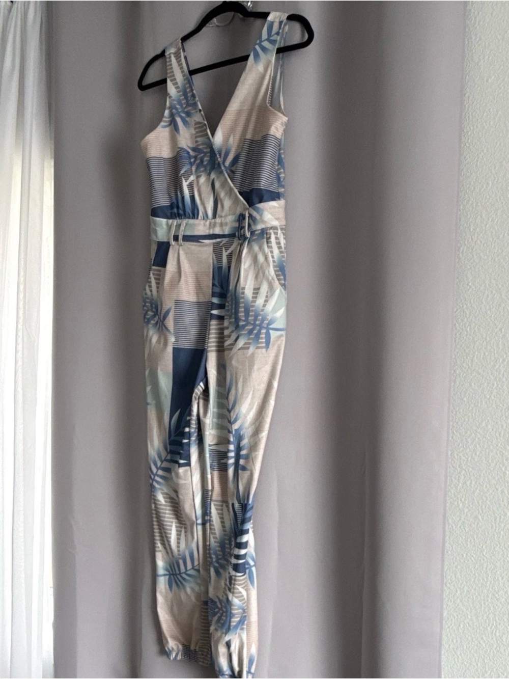 CBR Blue Cream Print Sleeveless Belted Jumpsuit